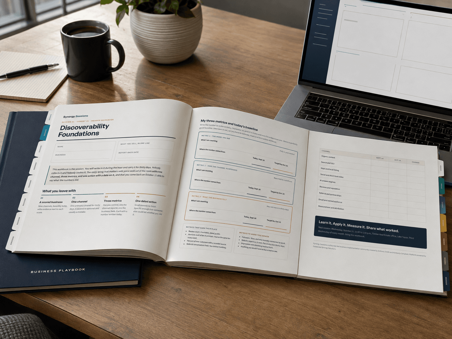 Open Synergy Sessions Business Playbook beside a laptop